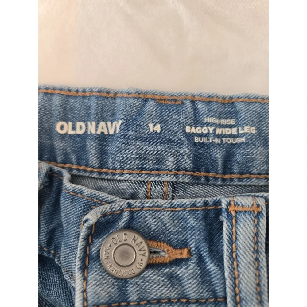 Old Navy Girls 14 High-Rise Baggy Wide-Leg Dark Wash Blue Denim Jeans Pockets